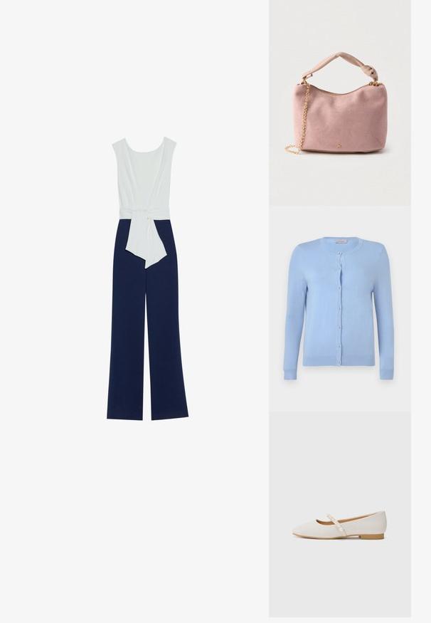 Mørkeblå jumpsuit med en tætsiddende hvid overdel, brede bukser og taljebånd. Glat stof med en ren silhuet og minimalistisk design.; Lyseblå strikket cardigan med rund halsudskæring, lange ærmer og syv perle-lignende knapper foran, label mærket "Anna Field."; Flade sko i blødt beige materiale med en spids tådesign. Har en dekorativ rem med hvide perledetaljer. Lav hæl.; Blød lyserød ruskindstaske med knudet hank, guldlynlås og guldkæde som stropdetalje mod en lys baggrund.