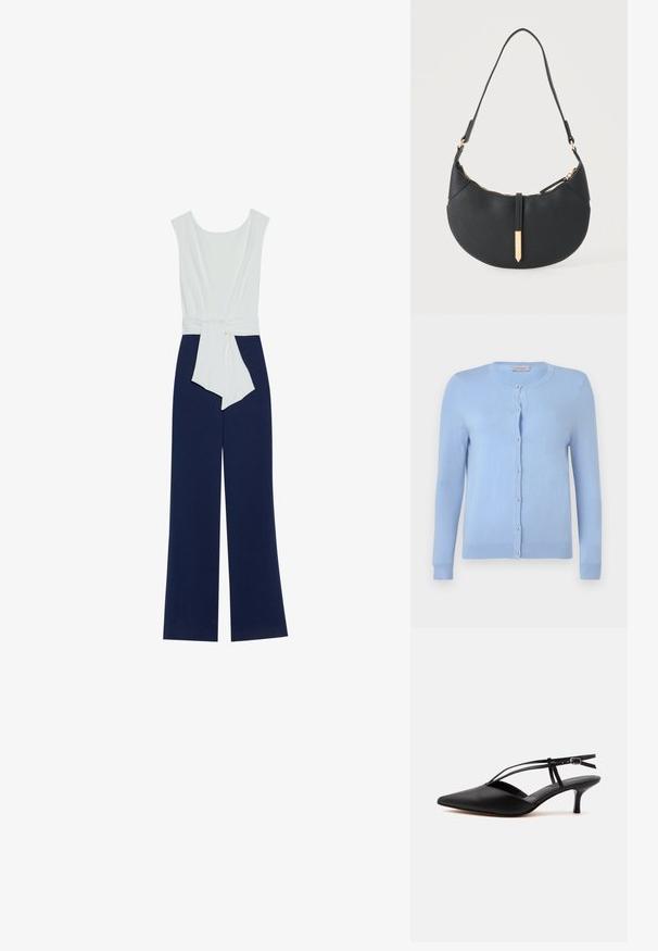 Combinaison bleu marine avec un bustier ajusté blanc, pantalon large et ceinture à la taille. Tissu lisse avec une silhouette épurée et un design minimaliste.; Cardigan en maille bleu clair avec encolure ronde, manches longues et sept boutons nacrés sur le devant, étiquette indiquant "Anna Field".; Escarpin noir en cuir à bout pointu avec petit talon kitten, fine bride de cheville avec boucle, design slingback, sur un fond uni clair.; Sac à main noir en forme de croissant avec une bandoulière unique, une fermeture éclair dorée et une languette décorative rectangulaire dorée à l'avant.