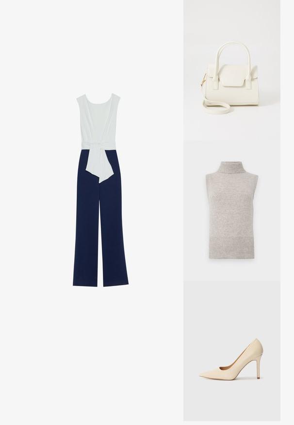Mono azul marino con un cuerpo ajustado blanco, pantalones anchos y un cinturón en la cintura. Tejido suave con un contorno limpio y un diseño minimalista.; Chaleco de punto sin mangas en color beige con cuello alto, sisas y dobladillo acanalados sobre un fondo blanco.; Zapato de tacón alto de piel beige con punta afilada y un detalle recortado en el lateral, que cuenta con un tacón stiletto delgado para ofrecer soporte.; Bolso pequeño blanco con doble asa, solapa frontal y correa de hombro desmontable con cierre dorado sobre fondo blanco liso.