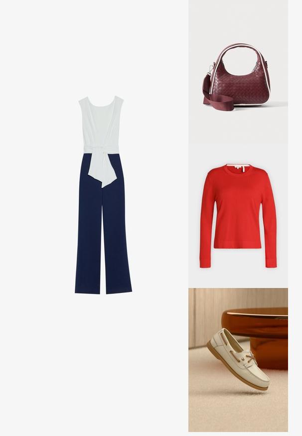 Combinaison bleu marine avec un bustier ajusté blanc, pantalon large et ceinture à la taille. Tissu lisse avec une silhouette épurée et un design minimaliste.; Pull rouge à manches longues et col rond, avec poignets et ourlet côtelés, présenté sur un fond gris clair uni.; Chaussure bateau en cuir beige avec lacets marron et semelle en caoutchouc posée sur un tapis beige près d'une table ronde marron brillante.; Sac à main en cuir tressé marron foncé avec poignée courbée, garniture blanche, fermeture éclair argentée et bandoulière large en tissu amovible sur fond uni.