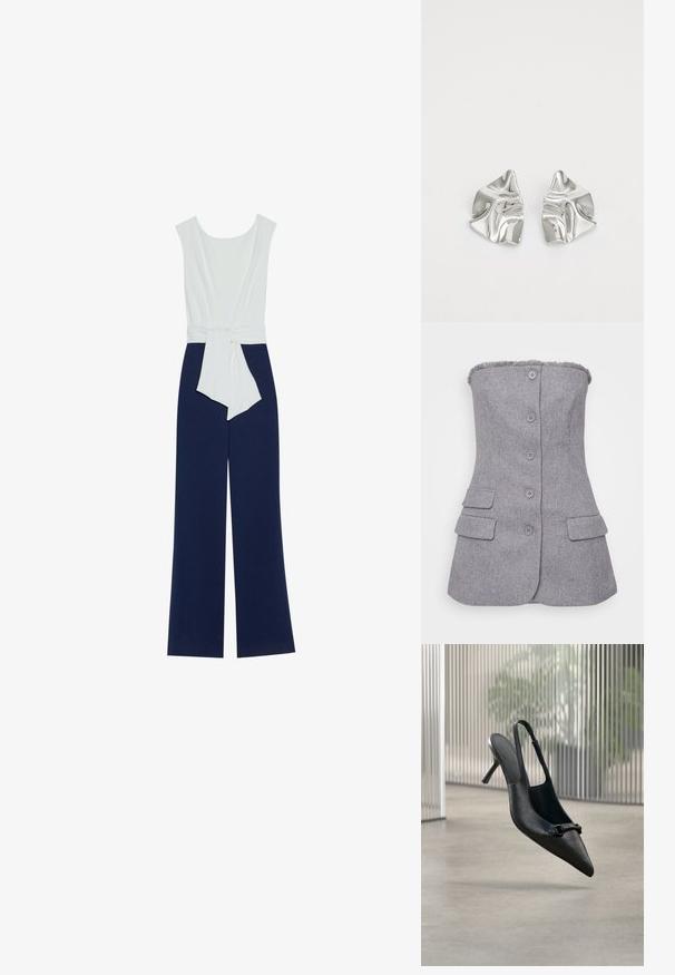 Navyblauwe jumpsuit met een aansluitend wit lijfje, wijde broekspijpen en een tailleband. Glad materiaal met een strakke silhoutte en minimalistisch ontwerp.; Grijze, strapless blazer van textuurstof, met zes knopen aan de voorkant en twee voorkruiken. Geverfd detail bij de halslijn. Aansluitende pasvorm.; Zwarte, gestructureerde leren slingback hoge hak schoen met een puntige neus en een kleine decoratieve gesp, zwevend boven een gladde vloer.; Zilveren metalen oorbellen met een golvend, sculpturaal ontwerp, voorzien van een gepolijste afwerking en onregelmatige vormen, die een hedendaagse esthetiek benadrukken.