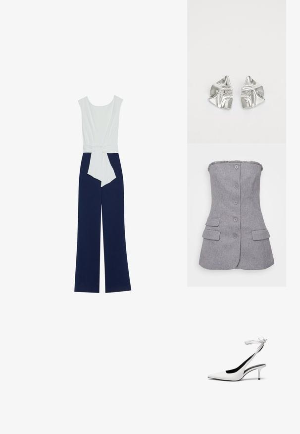 Mørkeblå jumpsuit med en tætsiddende hvid overdel, brede bukser og taljebånd. Glat stof med en ren silhuet og minimalistisk design.; Grå, stropløs blazer med tekstureret stof, seks knapper foran og to forlommer. Rå kant detalje ved halsen. Tilpasset pasform.; Hvide spidse slingback hæle med en tynd ankelrem. Glat lædermateriale, tynd stilethæl og en sort inderside.; Sølvmetal øreringe med et bølgende, skulpturelt design, der har en poleret overflade og uregelmæssige former, hvilket fremhæver en moderne æstetik.