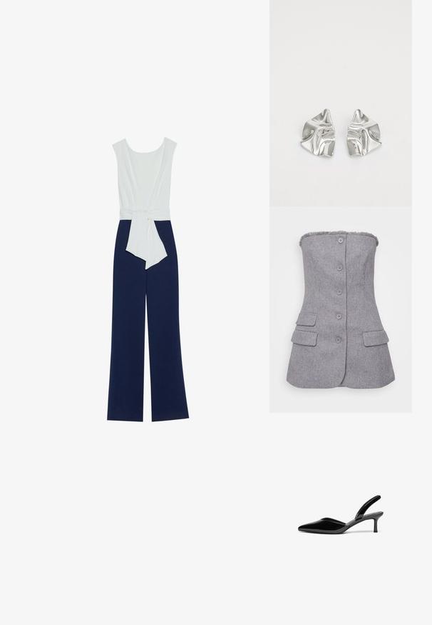 Mørkeblå jumpsuit med en tætsiddende hvid overdel, brede bukser og taljebånd. Glat stof med en ren silhuet og minimalistisk design.; Grå, stropløs blazer med tekstureret stof, seks knapper foran og to forlommer. Rå kant detalje ved halsen. Tilpasset pasform.; Sorte patentlæder slingback hæle med spids tå, lav stiletto hæl og et elegant, enkelt design uden pynt.; Sølvmetal øreringe med et bølgende, skulpturelt design, der har en poleret overflade og uregelmæssige former, hvilket fremhæver en moderne æstetik.