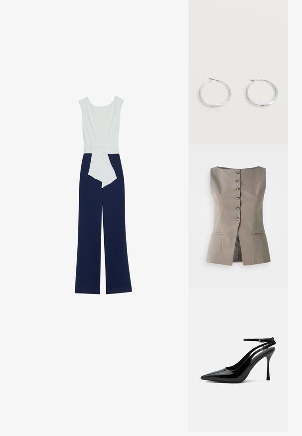 Marineblauer Jumpsuit mit einem enganliegenden weißen Oberteil, weiten Hosen und einem Taillengürtel. Glatter Stoff mit einer klaren Silhouette und minimalistischem Design.; Brauner maßgeschneiderter Weste mit hohem Kragen, sechs Knöpfen auf der Vorderseite, zwei Fronttaschen und einer leicht ausgestellten Silhouette.; Schwarzer Lackleder-Pumps mit hohem Absatz, spitzer Kappe und doppelten Knöchelriemen mit silbernen Schnallen.; Silberne Metallcreolen mit glatter, leicht gebogener Oberfläche und Klappverschluss vor schlicht weißem Hintergrund.