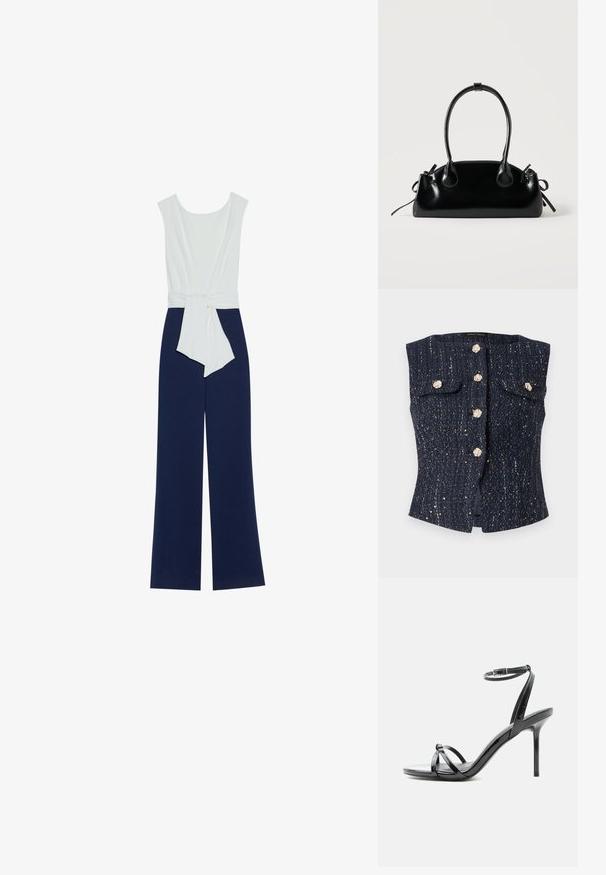 Combinaison bleu marine avec un bustier ajusté blanc, pantalon large et ceinture à la taille. Tissu lisse avec une silhouette épurée et un design minimaliste.; Gilet sans manches texturé bleu marine avec des boutons floraux ton or, deux poches à rabat, et des détails discrets en fil métallique.; Sandale à talon haut en cuir verni noir avec de fines lanières croisées sur les orteils et une sangle à boucle à la cheville sur fond blanc.; Petit sac à main noir brillant avec deux longues anses et des détails à cordon sur les côtés sur un fond clair uni.