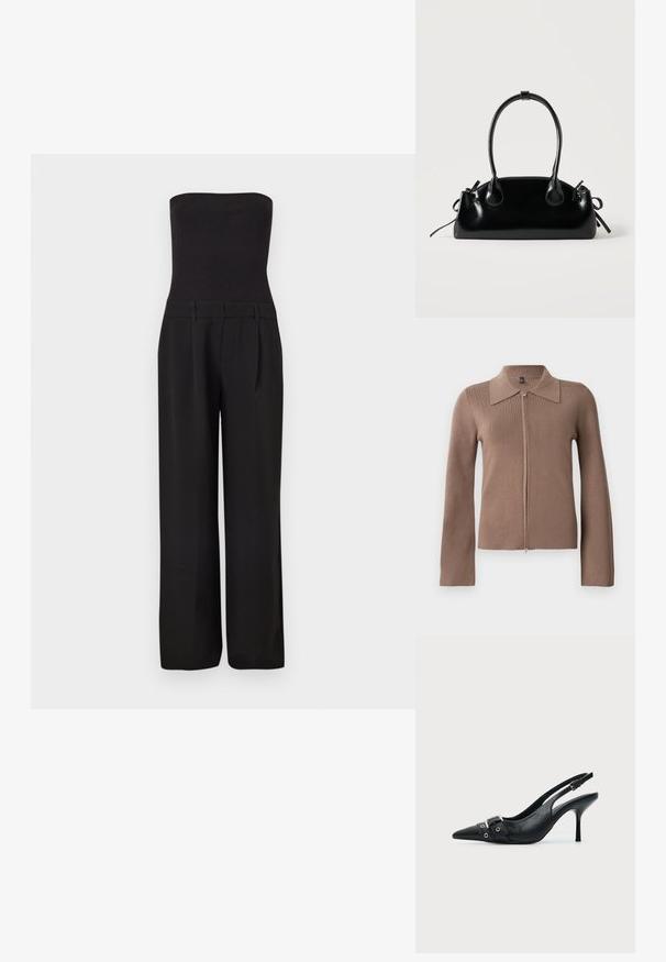 Mono negro sin tirantes con cuerpo ajustado acanalado y pantalones anchos de corte sastre.; Cárdigan marrón de cremallera con cuello, mangas largas, textura acanalada y silueta ajustada. Diseño minimalista, sin marcas ni patrones visibles.; Zapato de tacón alto tipo slingback de piel negra con puntera puntiaguda, con hebilla y detalle de tira con ojetes en la parte delantera.; Pequeño bolso negro brillante con dos asas largas y detalles de cordón lateral sobre un fondo claro liso.