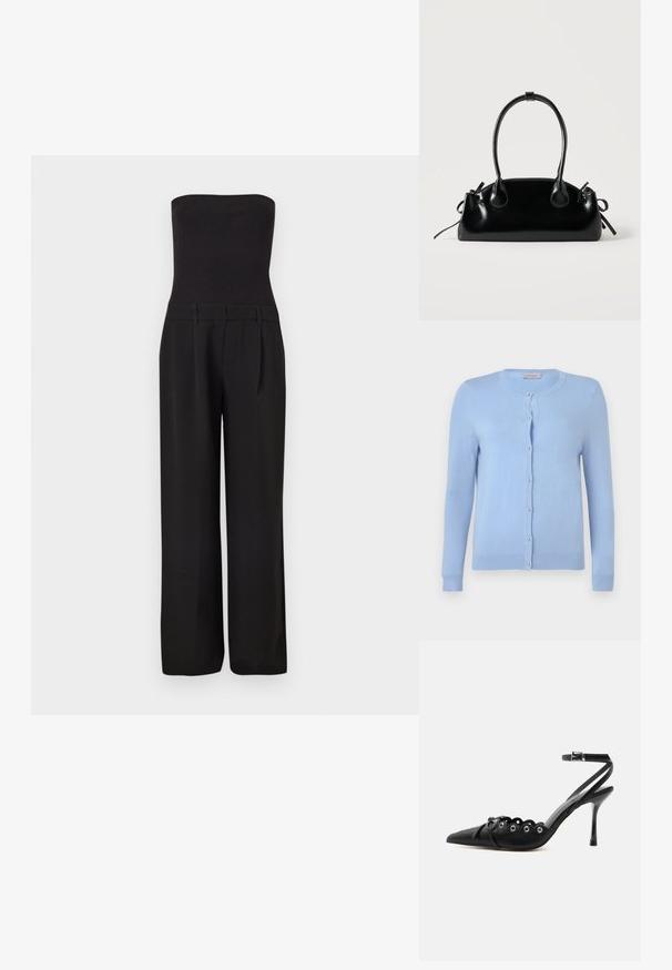 Combinaison noire sans bretelles avec un corsage côtelé ajusté et un pantalon tailleur à jambes larges.; Cardigan en maille bleu clair avec encolure ronde, manches longues et sept boutons nacrés sur le devant, étiquette indiquant "Anna Field".; Chaussure à talon haut noire à bout pointu, bords festonnés, œillets métalliques, lacets à l'avant et bride de cheville avec fermeture à boucle.; Petit sac à main noir brillant avec deux longues anses et des détails à cordon sur les côtés sur un fond clair uni.