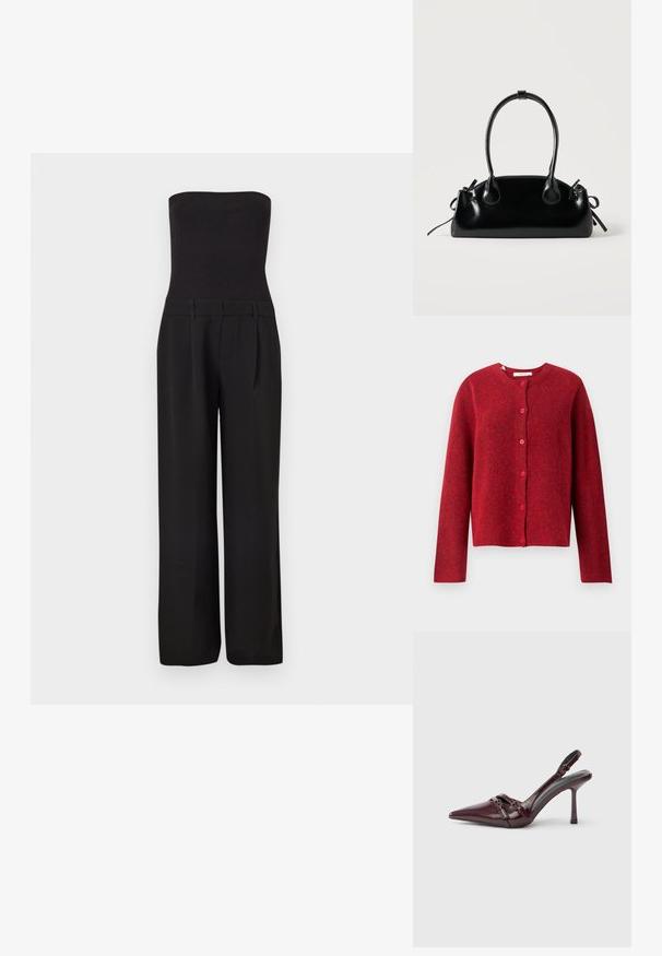 Zwarte strapless jumpsuit met een aansluitend geribd lijfje en brede, op maat gemaakte broekspijpen.; Selected SLFLULU - Vest - equestrian red; Bordeauxrode lakleren slingback met puntige neus, dunne enkelband en kleine decoratieve gespsluiting. Gladde textuur en hoge hak.; Kleine zwarte glanzende handtas met twee lange hengsels en zijkant trekkoord details op een effen lichte achtergrond.