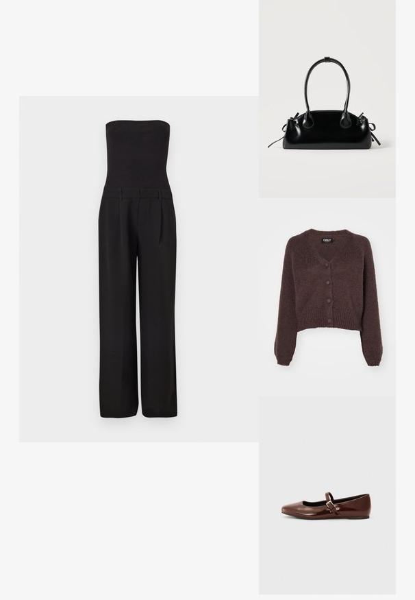 Sort stropløs jumpsuit med tætsiddende ribbet overdel og brede, skræddersyede bukser.; Brun strikket cropped cardigan med V-udskæring, seks knapper foran og ribbede manchetter og kant. Blød tekstur med løs pasform.; Brun patentlæder balletflade med firkantet tå og strop med en lille guldbuckle. Glat tekstur, lav hæl og minimalistisk design.; Lille sort blank håndtaske med to lange håndtag og snøre-detaljer i siden på en ensfarvet lys baggrund.