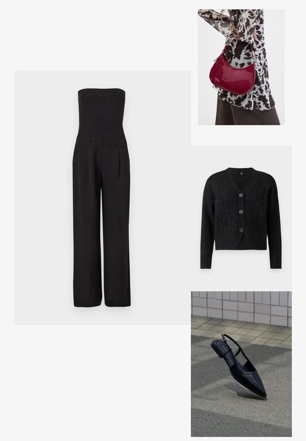 Mono negro sin tirantes con cuerpo ajustado acanalado y pantalones anchos de corte sastre.; Cárdigan negro hecho de tejido de punto texturizado, con escote en V, mangas largas y cuatro grandes botones en la parte delantera.; Zapato plano negro de punta puntiaguda con tiras traseras flotando sobre una superficie de asfalto junto a una acera con baldosas.; Mujer con blusa de estampado en blanco y negro sosteniendo un bolso de hombro rojo brillante sobre un fondo liso.