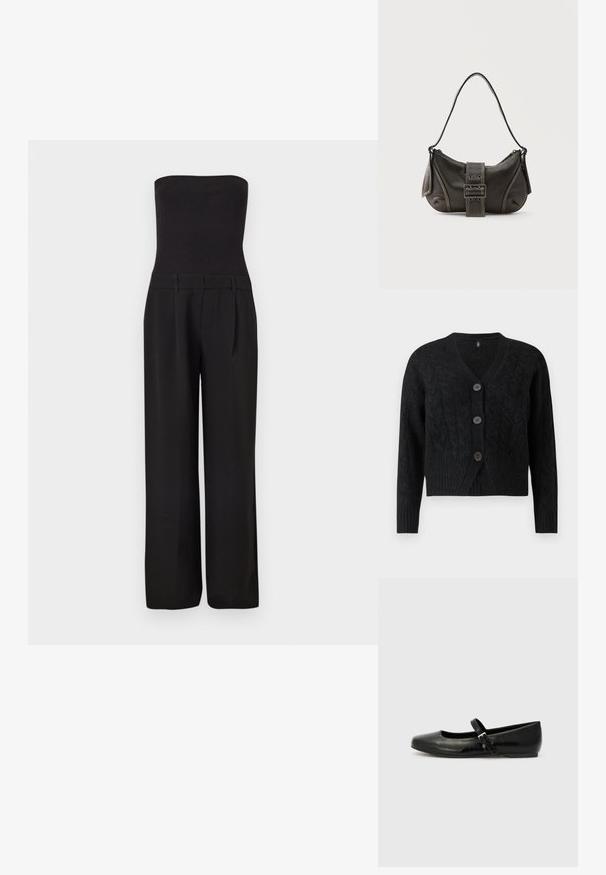 Sort stropløs jumpsuit med tætsiddende ribbet overdel og brede, skræddersyede bukser.; Sort cardigan lavet af tekstureret strikstof, med V-hals, lange ærmer og fire store knapper fortil.; Sorte læder balletflade med rund tå, flad sål og en tynd justerbar rem over svangen med en metalspænde.; Sort læder skuldertaske med spænde på remmen, afrundede kanter og kontrasterende hvide syninger på en ensfarvet baggrund.