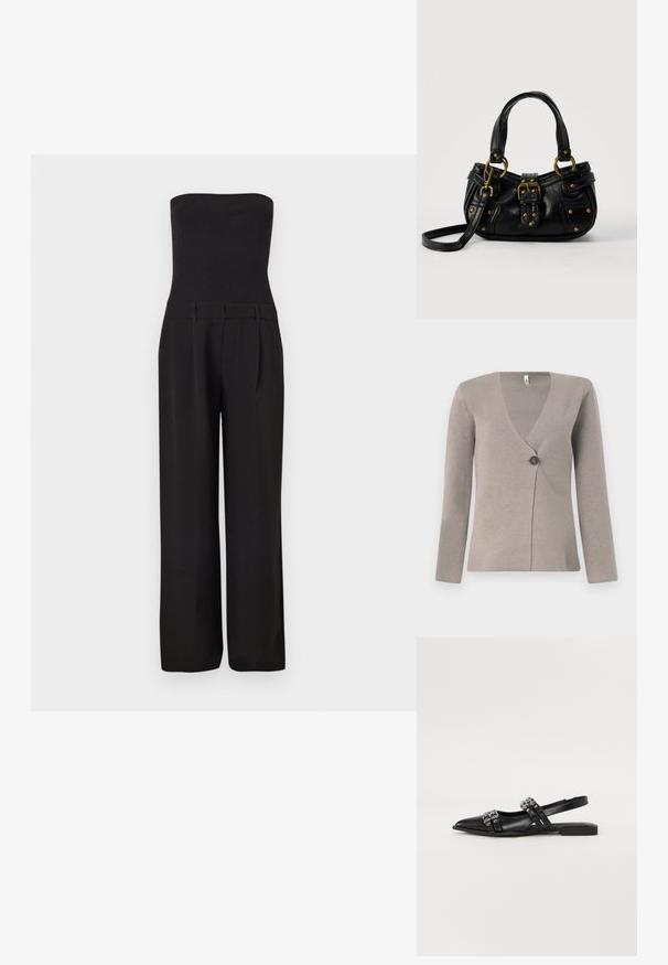 Zwarte strapless jumpsuit met een aansluitend geribd lijfje en brede, op maat gemaakte broekspijpen.; Lichtgrijze cardigan met lange mouwen, V-hals en een enkele donkere knop aan de voorkant, gemaakt van een gestructureerd breiwerk.; Even&Odd Slingback ballerina´s - black; Zwarte leren handtas met gouden gesp en klinknagel details, korte handvatten en een verstelbare schouderriem op een effen witte achtergrond.