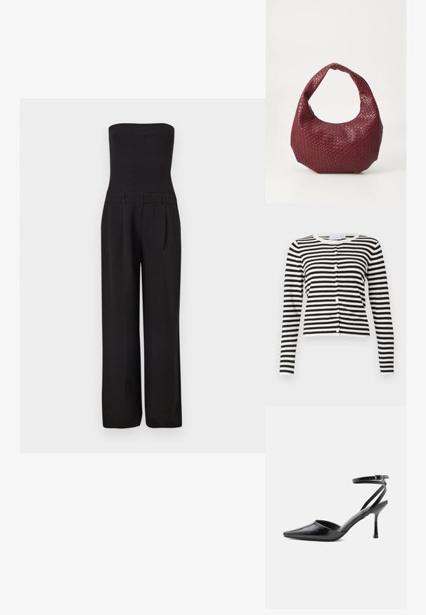 Schwarzer trägerloser Jumpsuit mit tailliertem, geripptem Oberteil und weit geschnittenen, maßgeschneiderten Hosen.; Gestreifter schwarz-weißer Cardigan mit langen Ärmeln, runder Ausschnitt, Knopfleiste und weichem Strickmaterial.; Schwarzer spitzer High Heel mit dünnen Knöchelriemen und silberner Schnalle auf einfachem hellem Hintergrund.; Geflochtener burgunderfarbener Handtasche mit einer runden Silhouette, einem einzelnen Griff und einer strukturierten Oberfläche. Reißverschluss oben.