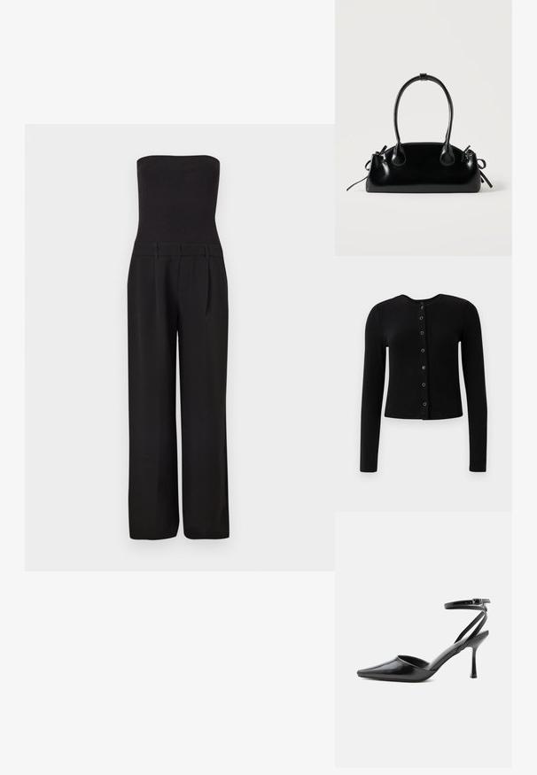 Zwarte strapless jumpsuit met een aansluitend geribd lijfje en brede, op maat gemaakte broekspijpen.; Zwarte geribbelde lange mouwen cardigan met een ronde halslijn en centrale knoopsluiting, voorzien van metalen knopen en een getailleerde pasvorm.; Zwarte pumps met puntige neus, dunne enkelbandjes en een zilveren gesp op een effen lichte achtergrond.; Kleine zwarte glanzende handtas met twee lange hengsels en zijkant trekkoord details op een effen lichte achtergrond.