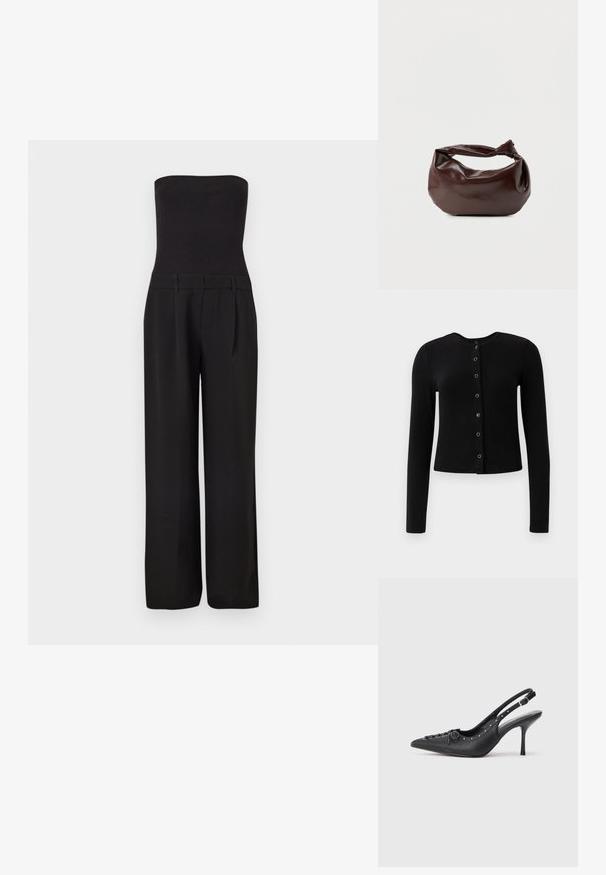 Sort stropløs jumpsuit med tætsiddende ribbet overdel og brede, skræddersyede bukser.; Sort ribbet lange ærmer cardigan med rund halsudskæring og central knaplukning, der har metalliske knapper og en tætsiddende silhuet.; Sorte læder slingback stiletto med spids tå, side spændebånd, nitter langs kanten og dekorativ snøring foran.; Mørkebrun læder skuldertaske med en blød, afslappet form og et snoet knudehåndtag på en ensartet hvid baggrund.