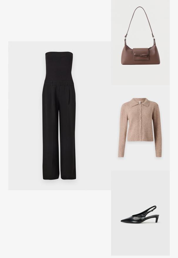 Sort stropløs jumpsuit med tætsiddende ribbet overdel og brede, skræddersyede bukser.; Beige strikket cardigan med krave, prydet med dekorative knapper og diskrete udsmykninger ned foran. Blød tekstur, ribbet kant.; Sort læder slingback hæl med spidse tæer, lav kitten hæl og justerbar spænde-bånd. Glat tekstur med minimal dekor.; Brun skuldertaske i læder med en frontlomme med klap, der har en sydd sløjfedetalje, og en justerbar rem.