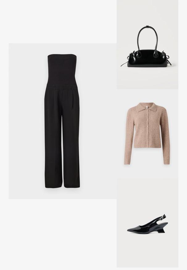 Sort stropløs jumpsuit med tætsiddende ribbet overdel og brede, skræddersyede bukser.; Beige strikket cardigan med krave, prydet med dekorative knapper og diskrete udsmykninger ned foran. Blød tekstur, ribbet kant.; Sort laklæder slingback sko med spids tå og lav vinklet blokhæl på ensartet lys baggrund.; Lille sort blank håndtaske med to lange håndtag og snøre-detaljer i siden på en ensfarvet lys baggrund.