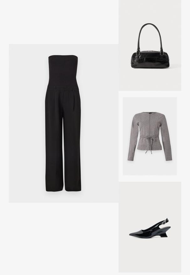 Combinaison noire sans bretelles avec un corsage côtelé ajusté et un pantalon tailleur à jambes larges.; Veste grise à manches longues avec fermeture éclair frontale et lien à la taille, présentant un motif chevron discret et un col rond.; Chaussure slingback en cuir verni noir avec bout pointu et petit talon bloc incliné sur fond clair uni.; Sac à main en cuir noir de forme rectangulaire, doté d'une seule ansse structurée, de quincaillerie argentée et d'une fermeture éclair. Texture lisse.