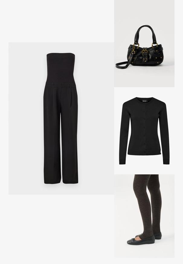 Combinaison noire sans bretelles avec un corsage côtelé ajusté et un pantalon tailleur à jambes larges.; Cardigan noir à manches longues en maille, doté d'un col rond, d'une fermeture à boutons et de bords côtelés aux poignets et à l'ourlet. Aucun motif ni accent.; Jambes portant des leggings côtelés foncés associés à des ballerines noires avec de petits détails en nœud sur fond blanc.; Sac à main en cuir noir avec boucle dorée et détails à rivets, poignées courtes et bandoulière réglable sur fond blanc uni.