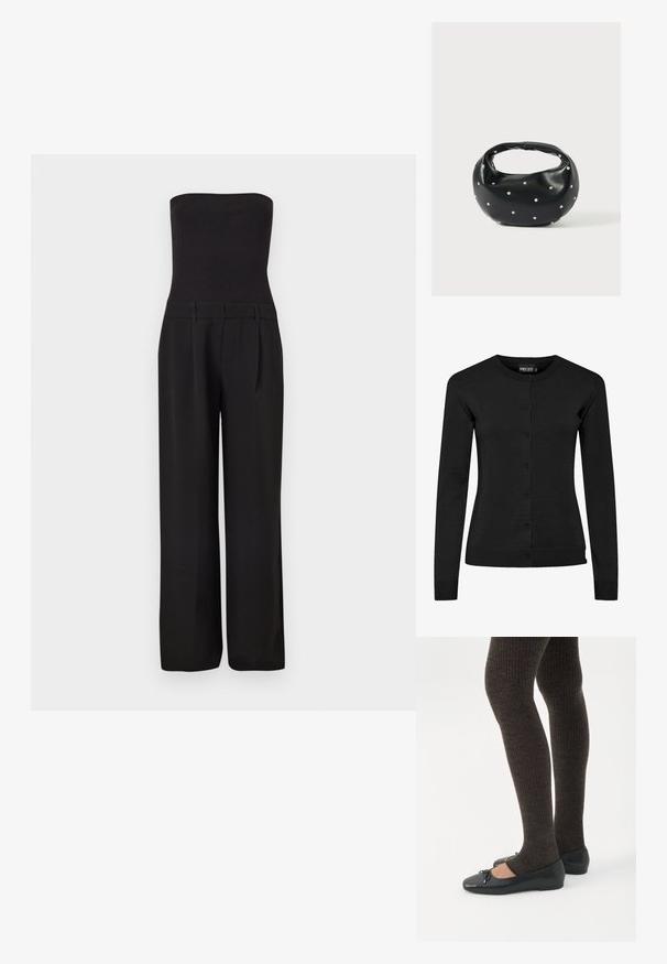 Sort stropløs jumpsuit med tætsiddende ribbet overdel og brede, skræddersyede bukser.; Sort cardigan med lange ærmer lavet af strikket materiale, med rund halsudskæring, knapfront og ribbede manchetter og kant. Ingen mønstre eller detaljer.; Ben iført mørke ribbede leggings kombineret med sorte balletsko med små sløjfedetaljer på hvid baggrund.; Sort læderhåndtaske med en rundet form, dekoreret med sølvnitter, og et kort håndtag. Glat tekstur og lynlåslukning.