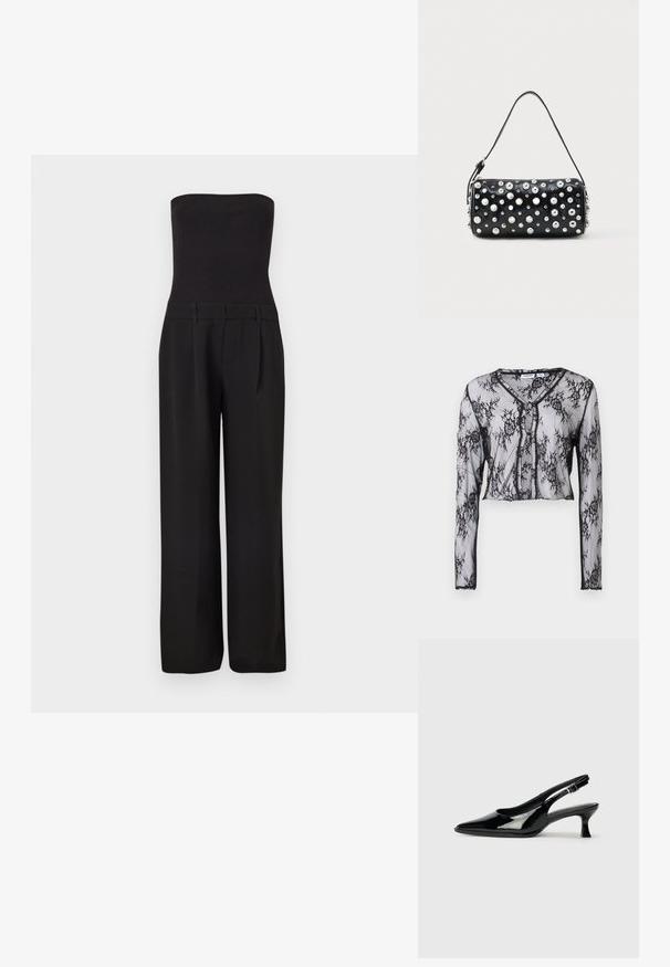 Sort stropløs jumpsuit med tætsiddende ribbet overdel og brede, skræddersyede bukser.; Gennemsigtig sort blonde top med lange ærmer, blomstermønster, cropped design, V-udskæring og knaplukning foran. Blød tekstur.; Sorte patenterede slingback-sko med spidse tæer og lav blokhæl. Justerbar spænde-rem ved anklen.; Sort læderhåndtaske med rund form, dekoreret med sølvnitter. Har en aftagelig rem og lynlås. Glat tekstur.