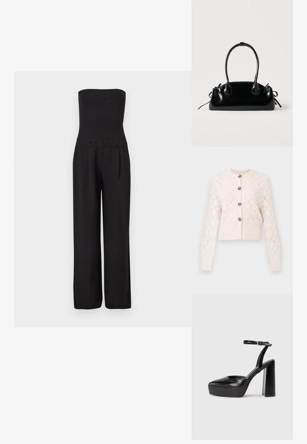 Sort stropløs jumpsuit med tætsiddende ribbet overdel og brede, skræddersyede bukser.; Creme strikket cardigan med lange ærmer, knaplukning foran, ribbet kant og et delikat hulmønster i diamantform.; Sorte platformhæle med spidse tæer og justerbar ankelrem. Construeret i glat læder, med en kraftig blokhæl.; Lille sort blank håndtaske med to lange håndtag og snøre-detaljer i siden på en ensfarvet lys baggrund.