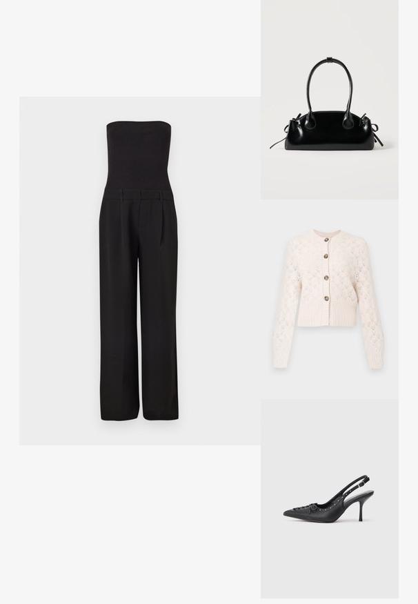 Sort stropløs jumpsuit med tætsiddende ribbet overdel og brede, skræddersyede bukser.; Creme strikket cardigan med lange ærmer, knaplukning foran, ribbet kant og et delikat hulmønster i diamantform.; Sorte læder slingback stiletto med spids tå, side spændebånd, nitter langs kanten og dekorativ snøring foran.; Lille sort blank håndtaske med to lange håndtag og snøre-detaljer i siden på en ensfarvet lys baggrund.