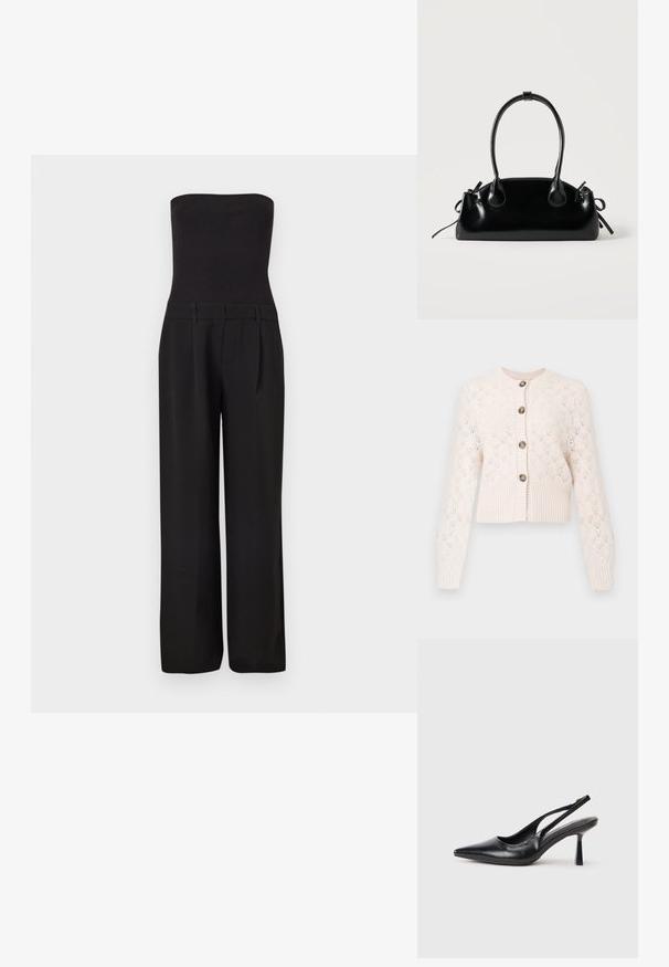 Sort stropløs jumpsuit med tætsiddende ribbet overdel og brede, skræddersyede bukser.; Creme strikket cardigan med lange ærmer, knaplukning foran, ribbet kant og et delikat hulmønster i diamantform.; Sort læderslagback højhælet sko med spids tå og slank hæl på en hvid baggrund.; Lille sort blank håndtaske med to lange håndtag og snøre-detaljer i siden på en ensfarvet lys baggrund.