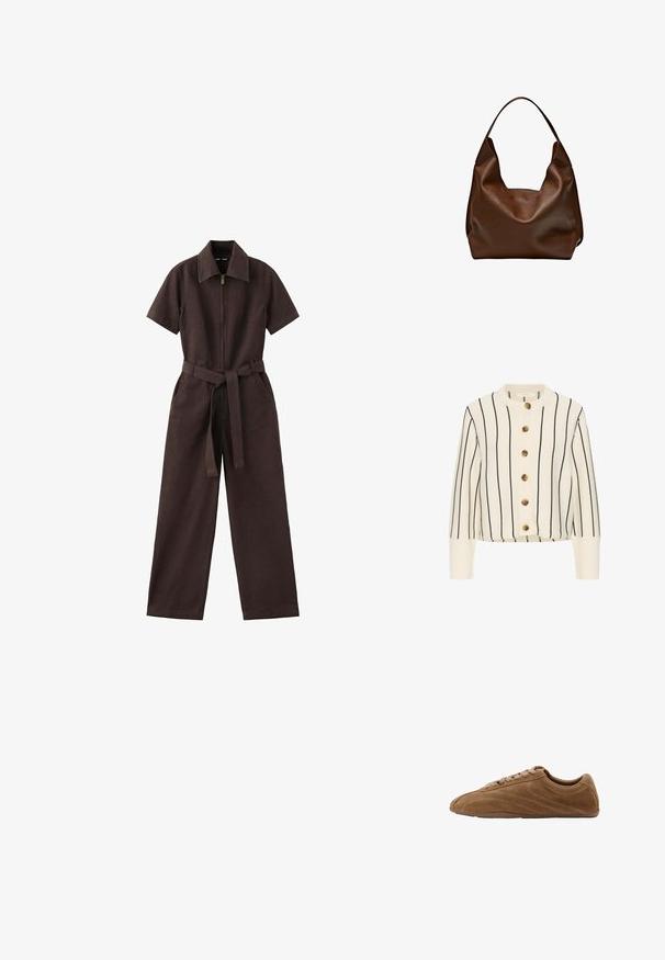 Donkerbruine jumpsuit met korte mouwen, voorrits, kraag, wijde pijpen, zijzakken en een bijpassende stoffen riem gestrikt in de taille.; Crèmekleurig gebreid vest met zwarte verticale strepen en zes bruine schildpadknopen aan de voorkant, voorzien van lange mouwen en geribbelde boorden.; Bruine suède lage sneaker met vetersluiting en dunne rubberen zool, zijaanzicht op een witte achtergrond.; Bruine textuurleren schoudertas met zachte, losse vorm en enkele brede band, getoond tegen een witte achtergrond.