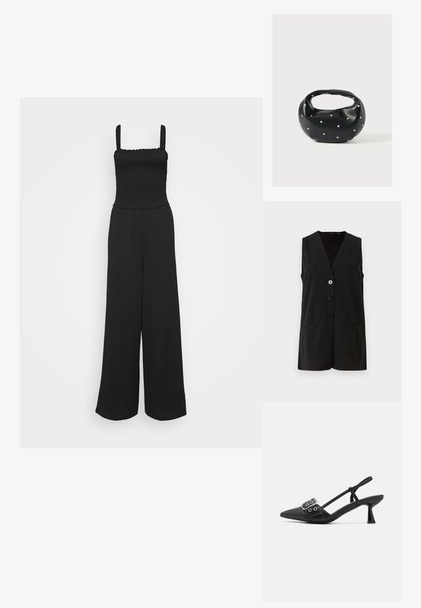 Combinaison noire avec un buste smocké, décolleté carré et design à jambes larges. Présente des bretelles élastiques et un tissu texturé.; Gilet noir sans manches avec un col en V, doté de quatre boutons et de deux poches avant, fabriqué en tissu lisse.; Simmi London DALA - Escarpins - black; Sac à main en cuir noir de forme arrondie, décoré de clous argentés et équipé d'une poignée courte. Texture lisse et fermeture éclair.