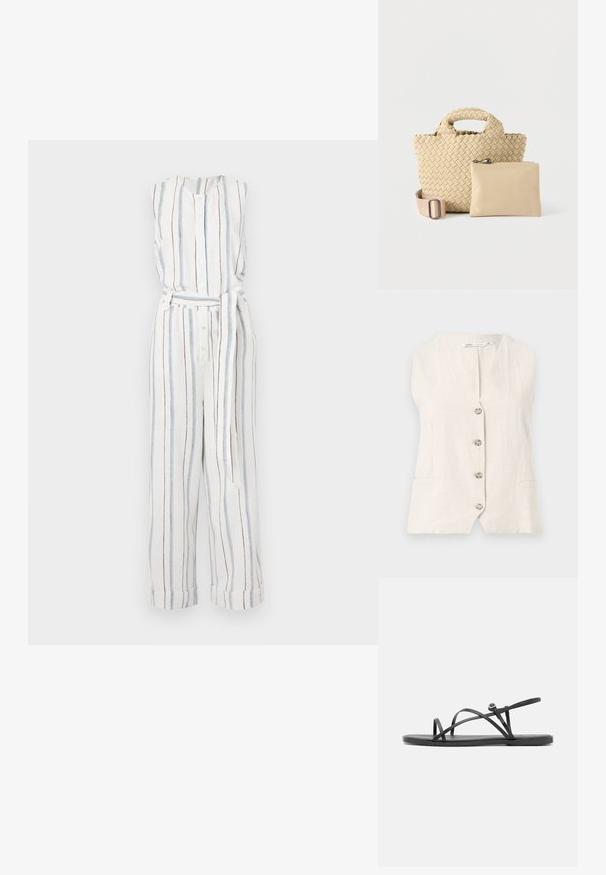 Hvid linned jumpsuit med vertikale blå og brune striber. Uden ærmer, knaplukninger og bælte i taljen. Løs pasform.; Ærmeløs beige linnedvest med fire knapper foran og to forlommer i taljen.; Sorte flade sandaler med tynde, krydsende remme, åben tådesign og en minimalistsk sål. Har et lille spænde detaljer til justering.; Flettet beige håndtaske med en tekstureret overflade og afrundede håndtag, ledsaget af en glat pung med lynlås i en matchende nuance.