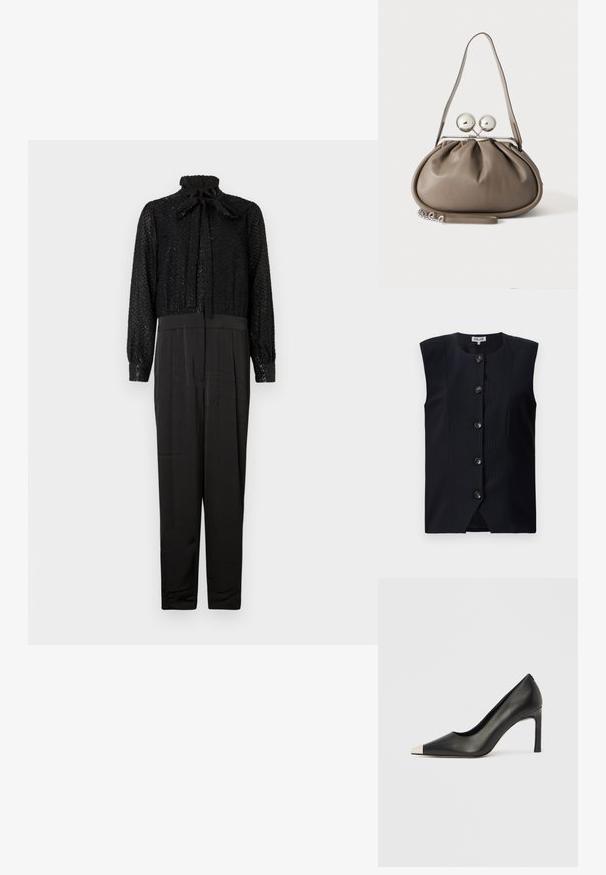 Sort jumpsuit med en tekstureret, glitrende top med høj hals og sløjfe, samt en glat, tætsiddende bund med lange ærmer og tilspidsede ben.; Mørkeblå ærmeløs vest med lige snit, lodrette striber og seks knapper foran, med en rund halsudskæring og en let slids i bunden.; Sort læder højhælet sko med spids tå og metal-sølv hætte. Har en glat finish og en slank hæl på 10 cm.; Grå læderhåndtaske med rundet form, toplås med to store sølvkugler og en enkelt strop.