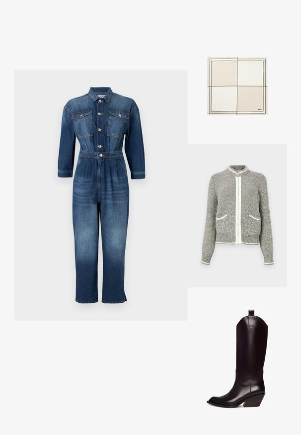 Denim-huppari, jossa pitkät hihat, napitus edessä, kaksi rintataskua läpällä, istuva vyötärö ja suorat lahkeet, joissa on hieman haalistumaa.; Harmaavalkoinen neulottu vetoketjullinen neuletakki, jossa pitkät hihat, kaksi etutaskua sekä resorit hihansuissa ja helmassa.; Ruskean nahkainen cowboy-saapas, jossa on terävä kärki, korkea varsi ja kulmassa oleva puukorko. Varusteena kätevä lenkki helpottamaan pukemista.; Neli osaan jaettu neliön muotoinen huivi, jossa on neljä beigeä ja luonnonvalkoista osaa, ohuilla mustilla ruudukon viivoilla ja pieni "BOSS"-logo oikeassa alakulmassa.