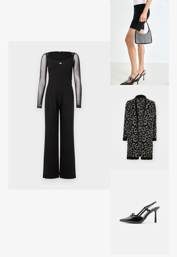 Zwarte jumpsuit met lange mouwen van doorschijnend gaas, vierkante halslijn, aansluitende taille en wijde pijpen tegen een effen achtergrond.; Zwarte en grijze luipaardprint cardigan met een open voorkant, lange mouwen, ribgebreide randen en een zachte brei-textuur.; Zwarte lakleren hoge hakken met slingback, puntige neus, dunne hak en dubbele banddetails over de wreef.; Zwarte beaded handtas met een gebogen silhouet, draaghandvat en glanzende textuur. Draagt bij hoge zwarte hakken en strakke zwarte shorts.