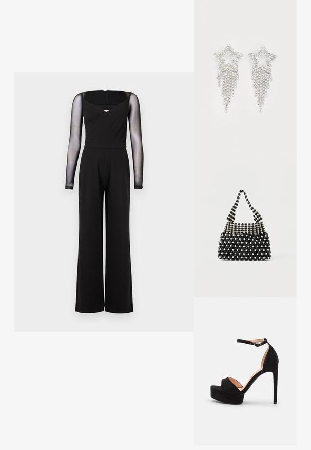 Zwarte jumpsuit met lange mouwen van doorschijnend gaas, vierkante halslijn, aansluitende taille en wijde pijpen tegen een effen achtergrond.; Zwarte suède hoge hakken sandaal met een platformzool, enkelband met zilveren beslag, open teen ontwerp en een gladde textuur.; Zwart-witte met kralen versierde handtas met een kort hengsel, voorzien van afwisselend parelachtige en zwarte gefacetteerde kralen in een geruit patroon.; Rhinestone ster oorbellen met waterval franje, in een zilverkleurige tint en een glanzend, reflecterend oppervlak. Stervorm met ingewikkeld ontwerp.