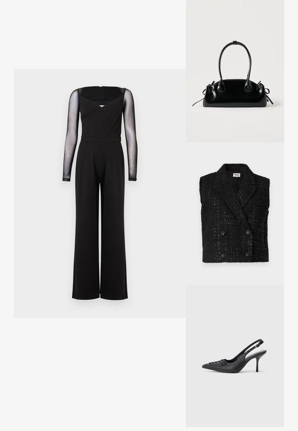 Combinaison noire à manches longues en maille transparente, col carré, taille cintrée et pantalons larges sur un fond uni.; Gilet sans manches noir texturé à double boutonnage, avec revers en dents de scie et quatre boutons décoratifs à l'avant.; Escarpin en cuir noir à talon aiguille avec un bout pointu, une bride latérale à boucle, des clous le long du bord et un laçage décoratif à l'avant.; Petit sac à main noir brillant avec deux longues anses et des détails à cordon sur les côtés sur un fond clair uni.