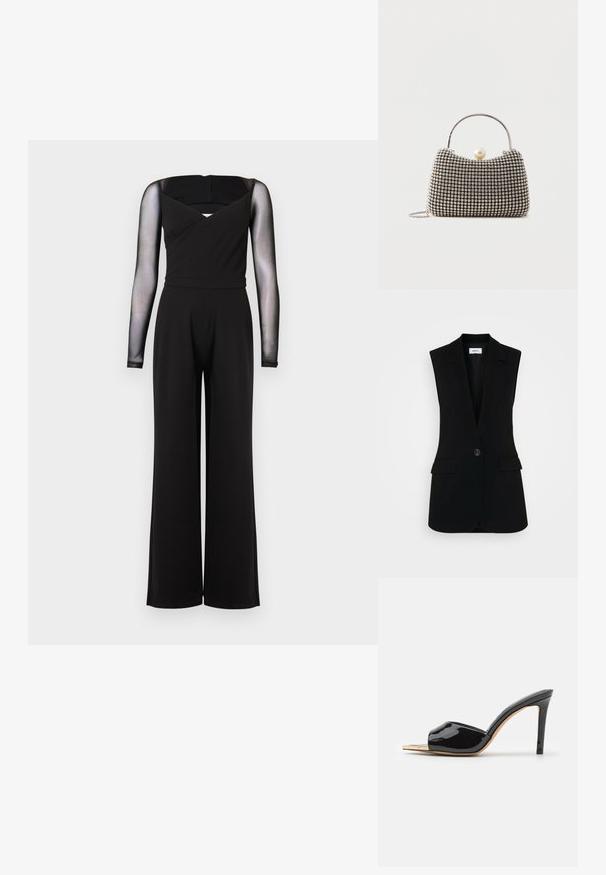 Zwarte jumpsuit met lange mouwen van doorschijnend gaas, vierkante halslijn, aansluitende taille en wijde pijpen tegen een effen achtergrond.; Zwarte mouwloze vest met een op maat gemaakt ontwerp, voorzien van een enkele knoopsluiting, gestructureerde revers en zijzakken.; Zwarte gepatenteerde leren hoge hakken met open teen, gebogen ontwerp en een slanke hak. Gladde textuur met een reflecterende afwerking.; Kleine handtas met zilverkleurig rasterpatroon, gebogen handvat, grote parel sluiting en een dunne zilveren kettingriem op een effen achtergrond.
