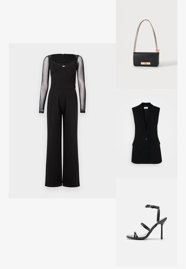Zwarte jumpsuit met lange mouwen van doorschijnend gaas, vierkante halslijn, aansluitende taille en wijde pijpen tegen een effen achtergrond.; Zwarte mouwloze vest met een op maat gemaakt ontwerp, voorzien van een enkele knoopsluiting, gestructureerde revers en zijzakken.; Zwarte gepatineerde leren hoge hak sandalen met drie horizontale banden en een verstelbare enkelband. Slanke silhouette en glanzende afwerking.; Zwarte rechthoekige leren handtas met gouden kettingriem en gouden rechthoekige sluiting aan de voorkant.