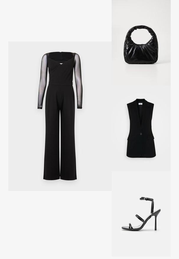 Zwarte jumpsuit met lange mouwen van doorschijnend gaas, vierkante halslijn, aansluitende taille en wijde pijpen tegen een effen achtergrond.; Zwarte mouwloze vest met een op maat gemaakt ontwerp, voorzien van een enkele knoopsluiting, gestructureerde revers en zijzakken.; Zwarte gepatineerde leren hoge hak sandalen met drie horizontale banden en een verstelbare enkelband. Slanke silhouette en glanzende afwerking.; Zwarte gevoerde handtas met een ronde handgreep, met een gladde, glanzende oppervlakte en een zachte, gewatteerde textuur. Geen zichtbare metalen onderdelen of accenten.