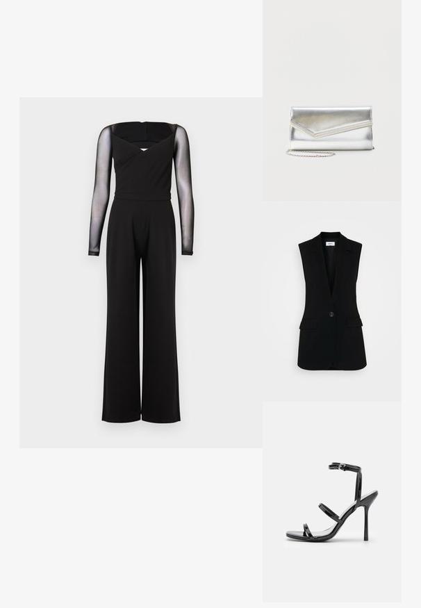 Zwarte jumpsuit met lange mouwen van doorschijnend gaas, vierkante halslijn, aansluitende taille en wijde pijpen tegen een effen achtergrond.; Zwarte mouwloze vest met een op maat gemaakt ontwerp, voorzien van een enkele knoopsluiting, gestructureerde revers en zijzakken.; Zwarte gepatineerde leren hoge hak sandalen met drie horizontale banden en een verstelbare enkelband. Slanke silhouette en glanzende afwerking.; Glanzende zilveren clutch met envelopvormige klep en decoratieve rand, klein zilveren kettingriempje, op een effen lichte achtergrond.