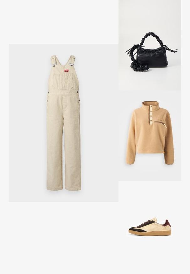 Overol de mezclilla beige con rayas blancas, con tirantes ajustables, bolsillo frontal en el pecho, botones laterales y piernas rectas y sueltas.; Pulóver de forro polar beige con un alto cuello, tapeta de medio botón y un bolsillo con cremallera en el pecho izquierdo. Tejido texturizado con acentos marrones.; Zapatillas de ante de bajo corte en dorado y negro con cordones marrones, suela de goma texturizada y detalle del logo en el lado exterior.; Bolso de mano de imitación cuero negro con textura de cocodrilo, parte superior fruncida y correa arrugada. Presenta un diseño suave y compacto.