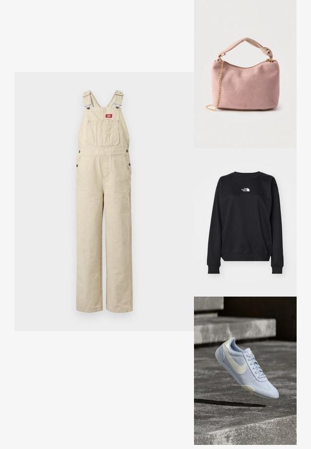 Beige og hvide denim-overalls med tynde striber, justerbare stropper, brystlomme foran, knapper i siden og løstsiddende, lige ben.; Sort sweatshirt fremstillet af bomuldsblanding, med rund halsudskæring, lange ærmer, ribbede manchetter og et lille hvidt logo på brystet.; Lyseblå Nike-sneakers med hvid swoosh og sål, hængende over ru grå betontrapper udendørs.; Blød lyserød ruskindstaske med knudet hank, guldlynlås og guldkæde som stropdetalje mod en lys baggrund.