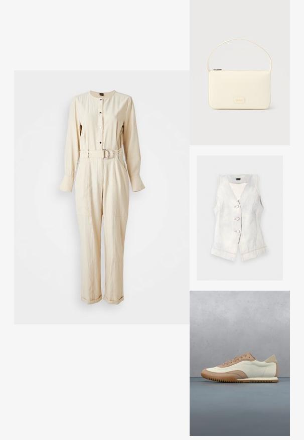 Combinaison en coton beige avec des manches longues, un col rond, une fermeture à boutons à l'avant, une taille ceinturée et une coupe droite.; Gilet beige clair sans manches avec fines rayures verticales, trois boutons sur le devant, coupe ajustée et étiquette BOSS à l’intérieur du col.; Baskets crème et beige avec une tige texturée, des lacets et une semelle en caoutchouc, présentées au-dessus d'une surface en bois avec des cailloux.; Sac à main rectangulaire de couleur crème avec une seule sangle et une fermeture éclair sur le dessus, comportant une petite plaque de logo embossé à l'avant.
