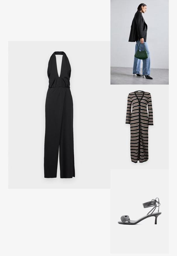 Sort halterneck jumpsuit med en dyb V-udskæring, samlet talje og bred benåbning. Fremstillet af glat stof med en tætsiddende bodice.; Lang cardigan med sort bund og zigzag mønstre i brun og creme. Lavet af en let strik med knapper ned foran.; Grå læder sandal med hæl, knyttet rem ved tæerne og snørebånd, der vikles om anklen, på slank mellemhøj hæl mod hvid baggrund.; DRAGON DIFFUSION ROSANNA - Håndtasker - forest