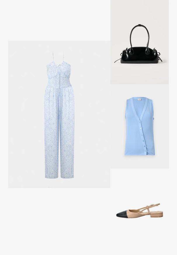 Combinaison bleu clair avec bretelles réglables, corsage froncé et pantalons à jambes larges ornés d'un motif floral complexe. Texture de tissu douce.; Haut sans manches bleu clair avec un col en V et une fermeture à boutons, présentant une texture côtelée et une forme ajustée. Tissu doux et accents subtils.; Chaussure à bride arrière bicolore beige et noire avec un bout pointu, un talon plat et un détail de sangle croisée. Texture en cuir lisse.; Petit sac à main noir brillant avec deux longues anses et des détails à cordon sur les côtés sur un fond clair uni.