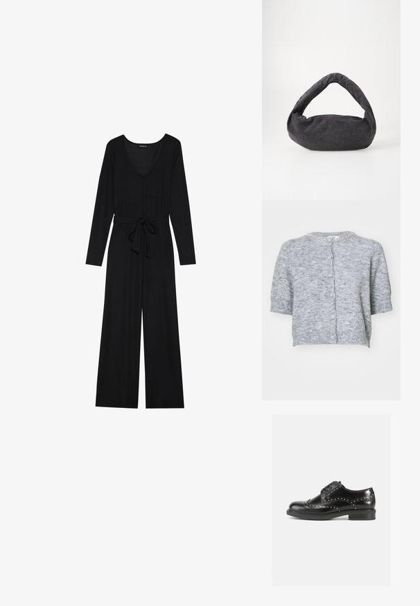 Must nagu musta värvi üldjumpsuit, millel on V-kaelus, laiad sääred, vöödiga talje ja soonikkoes pind.; Lühikeste varrukatega hall kardigan, millel on tekstuuriga lõng, ümmargune kaelus ja kaunistatud krae. Esiküljel on nupud ja soonikkoes mansetid.; Mustast nahast kleitking, millel on brogue-detailid, ümar varvas, viis silmaauku ja metallist naelad külgedel. Lame kummipõhi.; Tumehallist kangast kott, millel on kaardus käepide, pehme tekstuur ja ümar kuju. Pole nähtavaid metallosi ega kaunistusi.