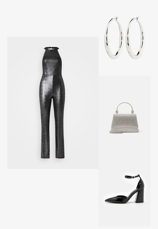 WAL G. PARTY ROZA HALTER NECK METALLIC - Buksedragter - silver; Sorte patenterede læder høje hæle med spids tå, ankelrem og bred blokhæle for stabilitet, med en glat og skinnende overflade.; ALDO FELISIA - Håndtasker - silver-coloured; Sølv hoops øreringe med en glat, reflekterende overflade. Rund, stor form med en sikker lås øverst. Den polerede finish fremhæver glansen.