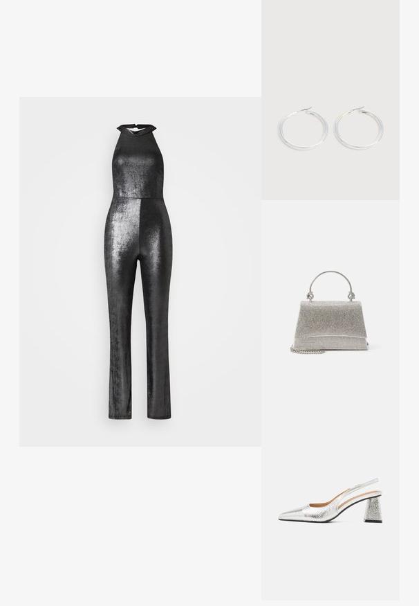 WAL G. PARTY ROZA HALTER NECK METALLIC - Buksedragter - silver; Sølv slingback stiletto med spids tå, teksturelt metallic finish og en triangulær blokhæle. Indersiden har brune læderdetaljer.; ALDO FELISIA - Håndtasker - silver-coloured; Par skinnende sølvøreringe med tynde trådlåse, vist på en lys grå baggrund.