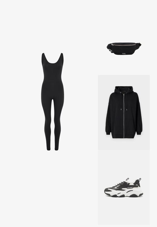 Zwarte, nauwsluitende, mouwloze jumpsuit met ronde halslijn en broekspijpen in volledige lengte, getoond tegen een witte achtergrond.; Zwarte zip-up hoodie van zacht materiaal, met een trekkoordcapuchon, twee voorkruiszakken en geribbelde boorden voor een relaxte pasvorm.; Steve Madden POSSESSION-E - Sneakers laag - black/white; Zwarte stoffen heuptas met zilveren rits en verstelbare band, voorzien van klein wit "Bimba y Lola"-logo aan de voorkant.