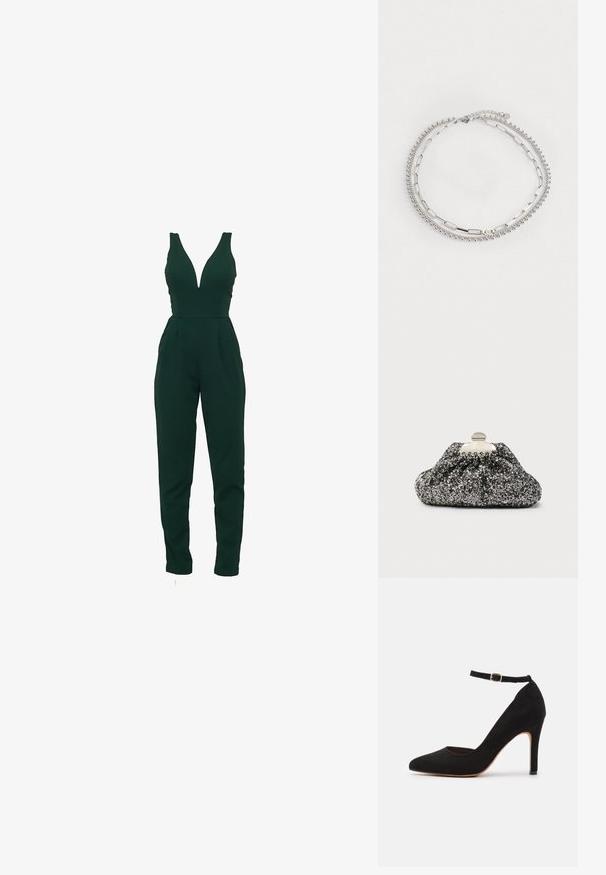 Grøn jumpsuit med dyb V-udskæring, ærmeløs design, skræddersyet pasform og tilspidsede ben. Fremstillet af et glat, strækbart stof.; Sort ruskind højhælet sko med spids tå og ankelrem. Har en guldbælte og en slank, tilspidset hæl.; Sort og sølvglitrende clutch med et samlet design. Metallås med en glat, rund form og tekstureret overflade.; Sølvarmbånd med tre strenge: en med små perler, en med ovale led og en med flade stænger. Har en kædeforlængelse for justerbarhed.